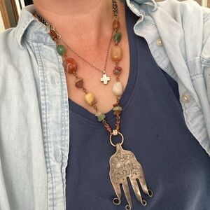 Gypsy Soul Mixed Metals Fork Pendant with Multicolor Stone Beaded Necklace